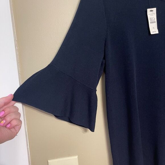 Talbots Womens Navy Blue Cotton Blend Elbow Bell Sleeve Sweater Petite Large NWT - Picture 2 of 10